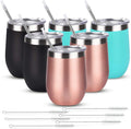 6 Pack 12Oz Stainless Steel Stemless Wine Tumbler Wine Glasses Set with Lid and Straws Set of 6 for Coffee, Wine, Cocktails, Ice Cream, Picnic Camping Party or Family Daily Use Home & Garden > Kitchen & Dining > Tableware > Drinkware Romantic Rose gold Black Aqua blue  