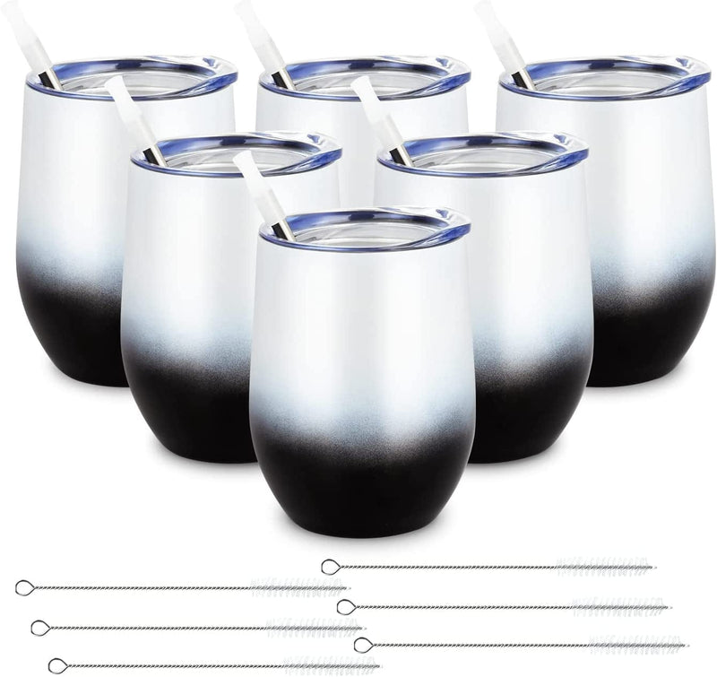 6 Pack 12Oz Stainless Steel Stemless Wine Tumbler Wine Glasses Set with Lid and Straws Set of 6 for Coffee, Wine, Cocktails, Ice Cream, Picnic Camping Party or Family Daily Use Home & Garden > Kitchen & Dining > Tableware > Drinkware Romantic Black White  