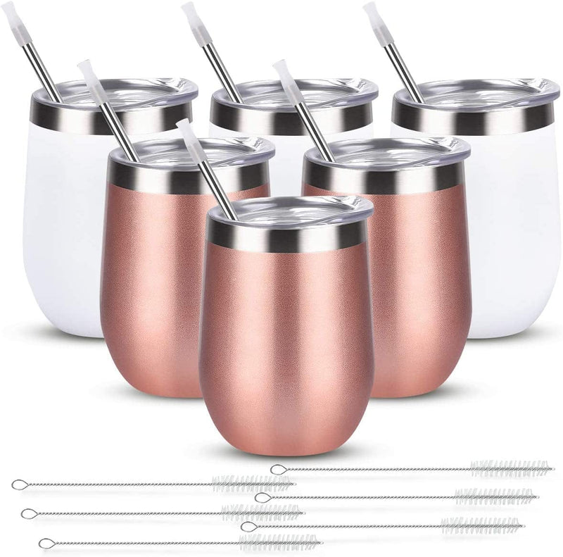 6 Pack 12Oz Stainless Steel Stemless Wine Tumbler Wine Glasses Set with Lid and Straws Set of 6 for Coffee, Wine, Cocktails, Ice Cream, Picnic Camping Party or Family Daily Use Home & Garden > Kitchen & Dining > Tableware > Drinkware Romantic Rose gold White  