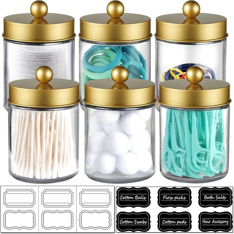 6 Pack Apothecary Jars Bathroom Vanity Organizer- Rustic Farmhouse Decor Storage Canister with Stainless Steel Lids- Qtip Dispenser Holder for Q-Tips,Cotton Swabs,Rounds,Ball,Flossers (Black) Home & Garden > Household Supplies > Storage & Organization Amolliar Gold  