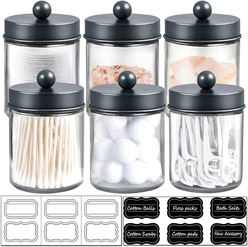 6 Pack Apothecary Jars Bathroom Vanity Organizer- Rustic Farmhouse Decor Storage Canister with Stainless Steel Lids- Qtip Dispenser Holder for Q-Tips,Cotton Swabs,Rounds,Ball,Flossers (Black) Home & Garden > Household Supplies > Storage & Organization Amolliar Grey  