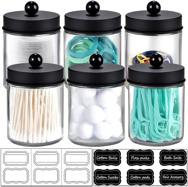 6 Pack Apothecary Jars Bathroom Vanity Organizer- Rustic Farmhouse Decor Storage Canister with Stainless Steel Lids- Qtip Dispenser Holder for Q-Tips,Cotton Swabs,Rounds,Ball,Flossers (Black) Home & Garden > Household Supplies > Storage & Organization Amolliar Black  