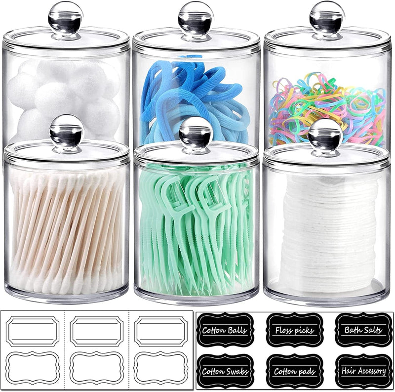6 Pack of 12 Oz. Qtip Dispenser Apothecary Jars Bathroom with Labels - Qtip Holder Storage Canister Clear Plastic Acrylic Jar for Cotton Ball,Cotton Swab,Cotton Rounds,Floss Picks, Hair Clips (Clear) Home & Garden > Household Supplies > Storage & Organization SheeChung Clear  