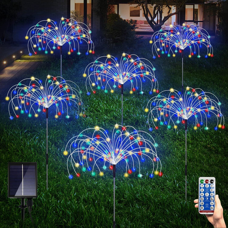 6 Pack Outdoor Solar Garden Lights, Solar Firework Lights,120 LED Waterproof Solar Lamps Decorative, Fireworks Lamp, 8 Modes Landscape Lights with Remote for Pathway Backyard Walkway Patio(Cool White)