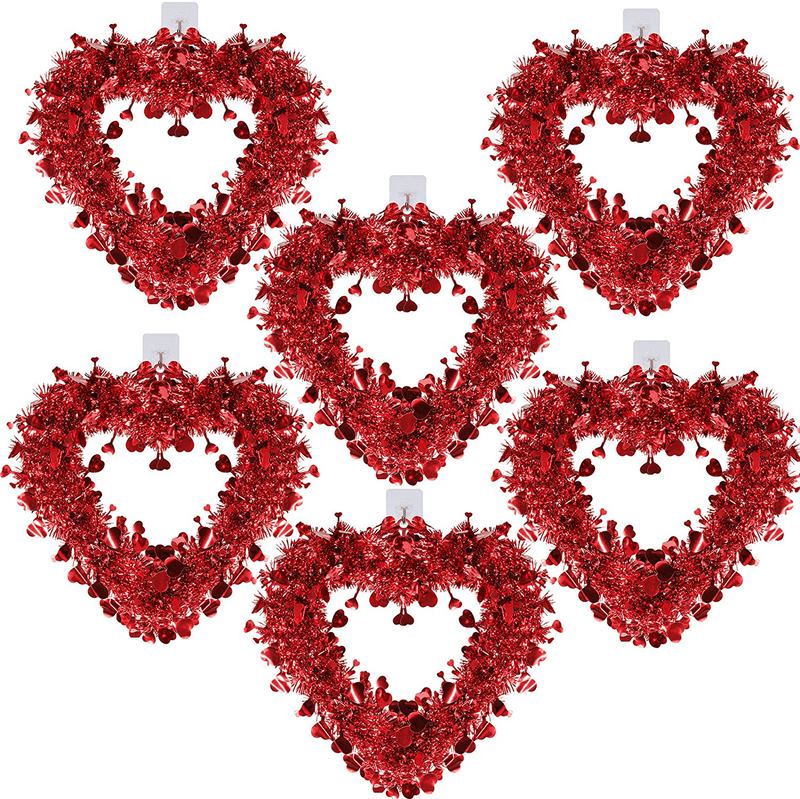 6 Pack Red Valentine Heart Wreaths Tinsel Heart Shaped Wreaths with Foil Hearts Hanging Valentine'S Day Wreaths Decorations for Wedding Birthday Party Front Door Wall Window Mantel Décor