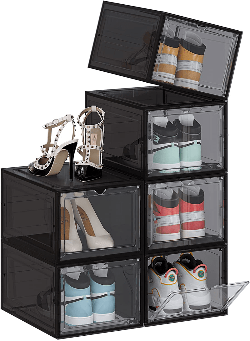 6 Pack Shoe Organizer, Clear Shoe Boxes Stackable Closet Organizers and Storage Containers Space Saving Plastic Storage Bins, Drop Front Sneaker Box Display Cases for Collectibles Room Organization Furniture > Cabinets & Storage > Armoires & Wardrobes Labonida Black 6PCS-(13.4”x 10.6”x 7.4”) 