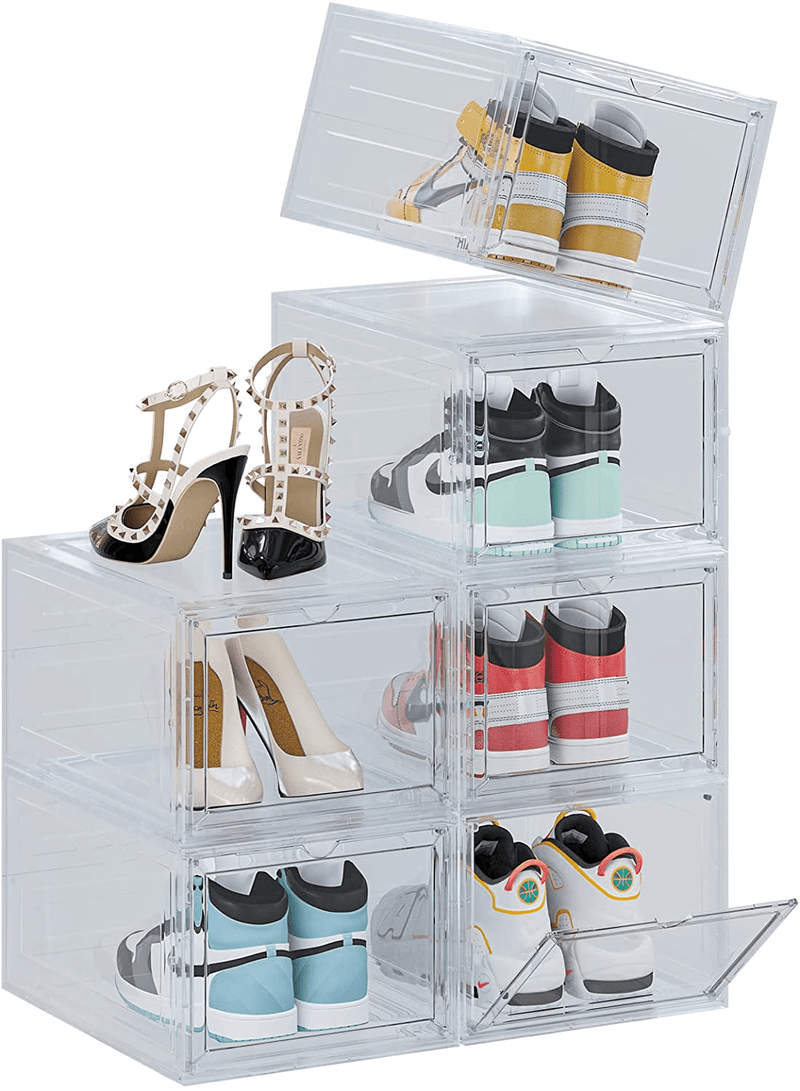 6 Pack Shoe Organizer, Clear Shoe Boxes Stackable Closet Organizers and Storage Containers Space Saving Plastic Storage Bins, Drop Front Sneaker Box Display Cases for Collectibles Room Organization