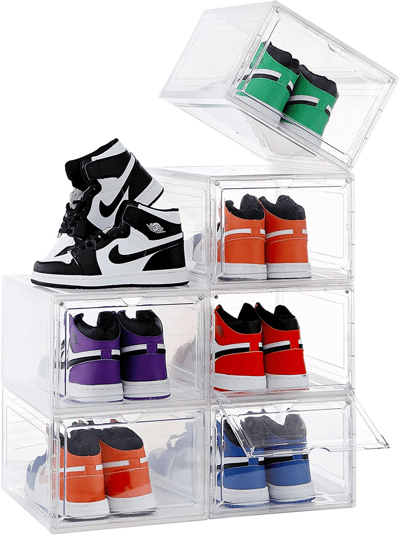 6 Pack Shoe Storage Box Stackable Shoe Storage Box, Easy Foldable Shoe Organizer Bins Space Saving Thicken Widen Shoe Container Fit up to US Size 14 Clear (6) Furniture > Cabinets & Storage > Armoires & Wardrobes MMBABY 6  