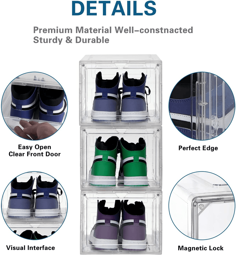 6 Pack Shoe Storage Box Stackable Shoe Storage Box, Easy Foldable Shoe Organizer Bins Space Saving Thicken Widen Shoe Container Fit up to US Size 14 Clear (6) Furniture > Cabinets & Storage > Armoires & Wardrobes MMBABY   