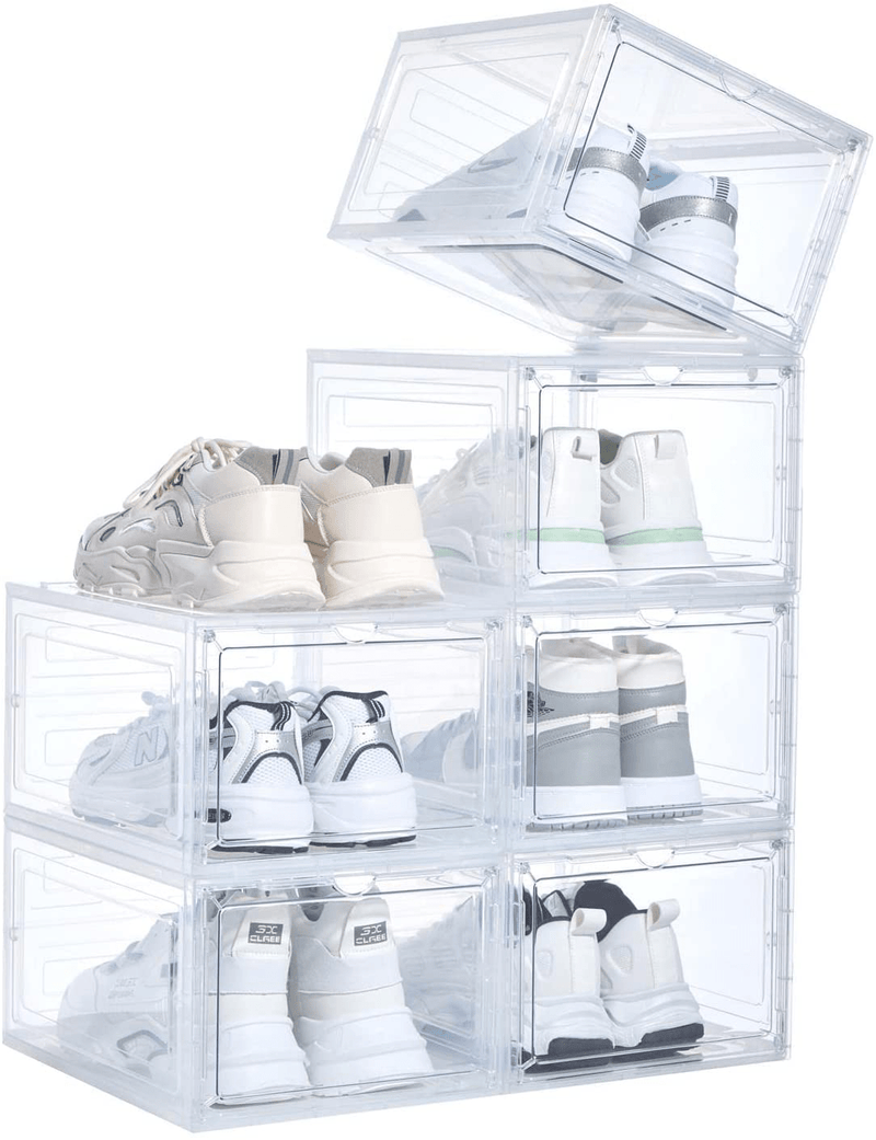 6 Pack Shoe Storage Box Stackable Shoe Storage Box, Easy Foldable Shoe Organizer Bins Space Saving Thicken Widen Shoe Container Fit up to US Size 14 Clear (6) Furniture > Cabinets & Storage > Armoires & Wardrobes MMBABY 1  
