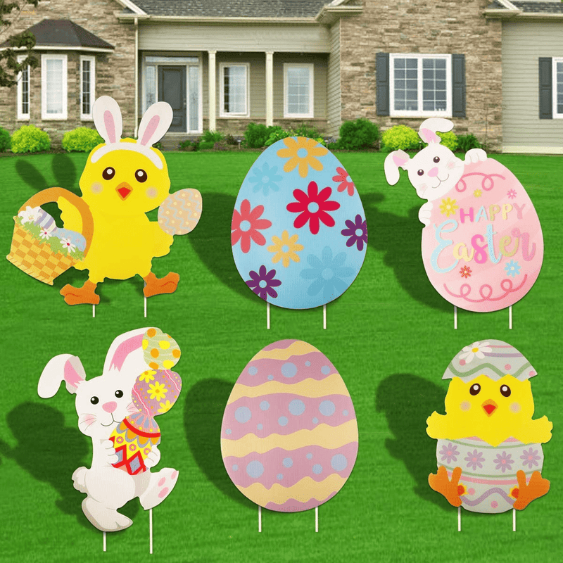 6 Pcs Easter Yard Signs with Bunny Chickens and Easter Eggs Stakes for Garden Lawn Yard Decoration Easter Props Decor Home & Garden > Decor > Seasonal & Holiday Decorations Jangostor   