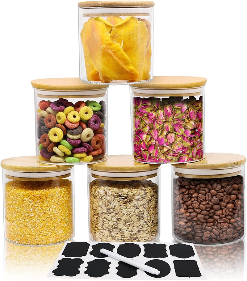 6 Piece Glass Storage Jars Set with Airtight Bamboo Lids and Labels, 20Oz/600Ml Glass Spice Jars Food Storage Containers for Home Kitchen,Pantry, Tea, Sugar, Salt, Coffee, Flour, Herbs, Grains Home & Garden > Decor > Decorative Jars SODSAI 20oz/600ml  