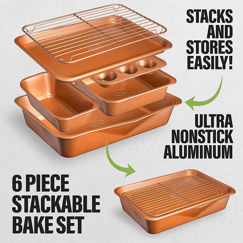 6 Piece Non-Stick Bakeware Set Includes Baking Pans, Cookie Sheet, Loaf Pan, Muffin Tin and More with Premier Ti-Cerama Copper Coating 100% PFOA Free Home & Garden > Kitchen & Dining > Cookware & Bakeware E Mishan & Sons   