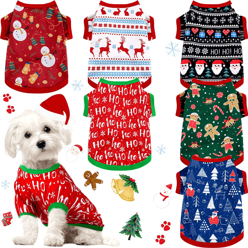 6 Pieces Christmas Dog Clothes Pet Shirts Breathable Puppy Vest Printed Christmas Snowman Reindeer Santa Claus Dog Shirts for Soft Outfit Dogs and Cats
