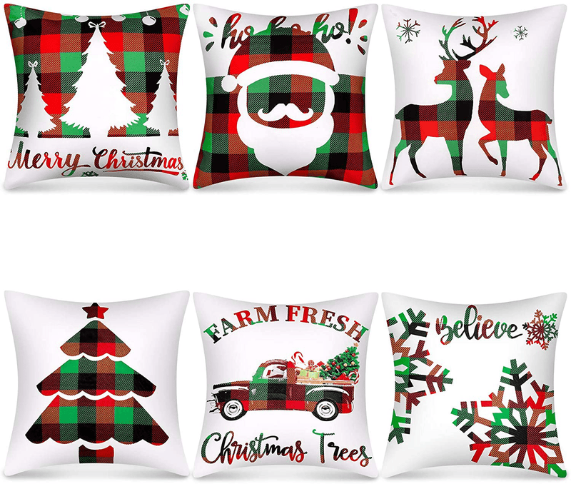 6 Pieces Christmas Throw Pillow Covers Christmas Tree Elk Christmas Truck Snowflake Buffalo Plaid Pillowcase Cushion Cover Decoration for Sofa Couch Bed Home Decor, 18 X 18 Inches (White, Red, Green) Home & Garden > Decor > Chair & Sofa Cushions Tatuo White, Red, Green  