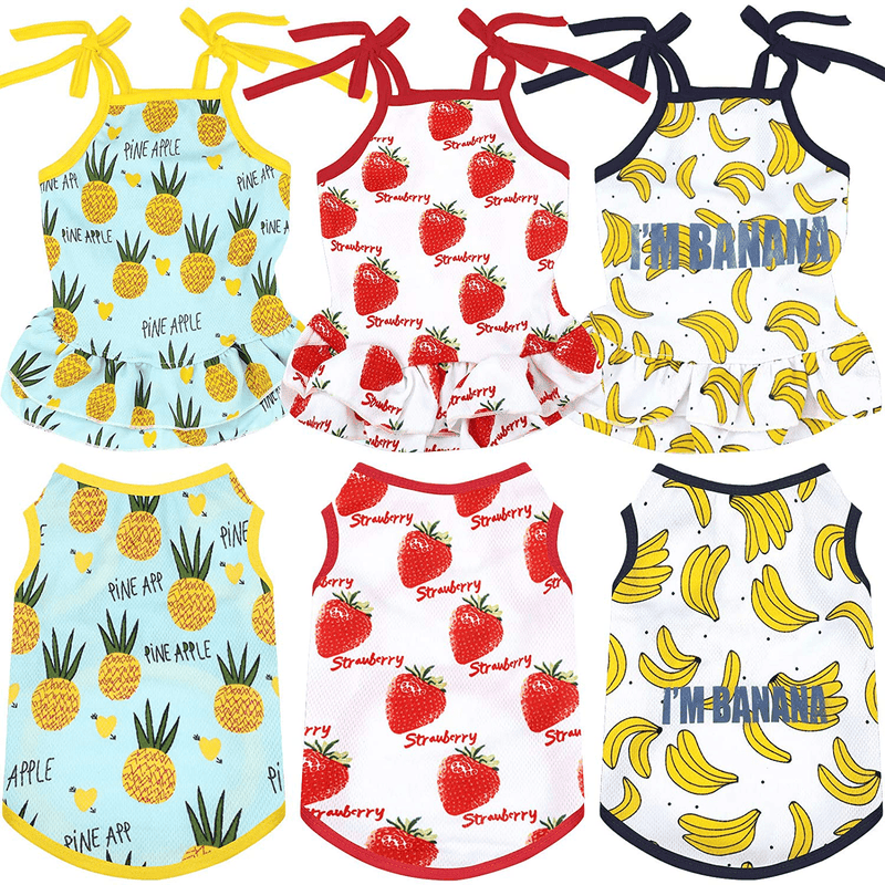 6 Pieces Pet Clothes Set Includes 3 Pieces Cute Pet Dress Lovely Summer Fruit Dog Dress and 3 Pieces Dog Shirts Breathable Pet T-Shirts Puppy Clothes Cat Apparels for Small Dogs Puppy Cats (M Size)