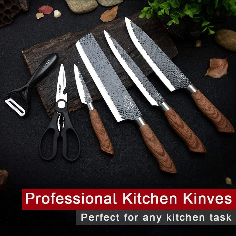 6 Pieces Professional Kitchen Knives Set with Giftbox, High Carbon Stainless Steel Forged Kitchen Knife Set, Sharp Chef Knife Set for Chef Cooking Paring Cutting Slicing (High Carbon Black)