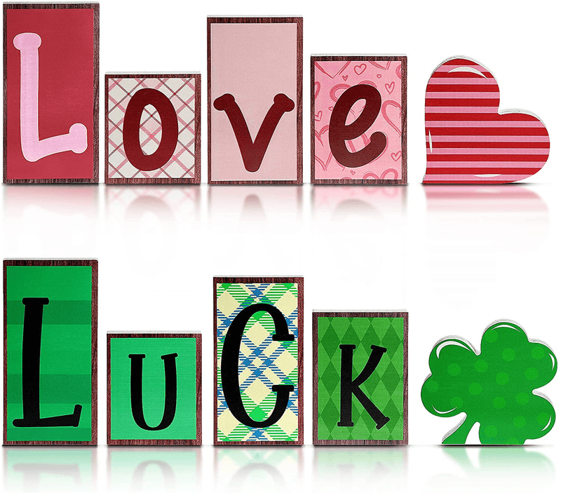6 Pieces Reversible Valentine'S Day and St. Patrick'S Day Wood Signs, Heart Shamrocks Self-Standing Blocks Table Centerpiece Decor,Farmhouse Love Luck Sign for Kitchen Tiered Tray Decor