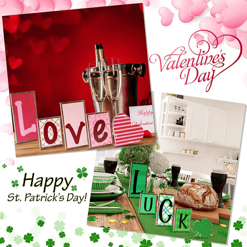 6 Pieces Reversible Valentine'S Day and St. Patrick'S Day Wood Signs, Heart Shamrocks Self-Standing Blocks Table Centerpiece Decor,Farmhouse Love Luck Sign for Kitchen Tiered Tray Decor