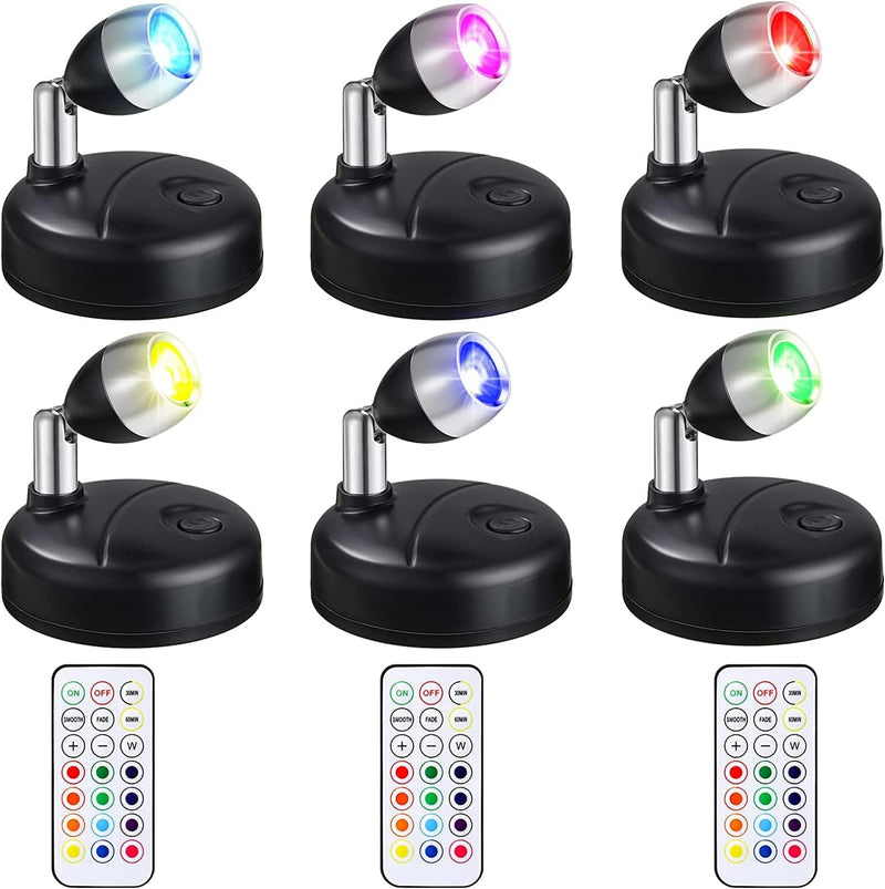 6 Pieces RGB LED Spotlight with Remote, 13 Color Spotlight, Battery Operated Accent Lights with Rotatable Light Head Stick on Wall, Hallway, for Painting Picture Artwork Closet(White) Home & Garden > Lighting > Flood & Spot Lights Hortsun Black  