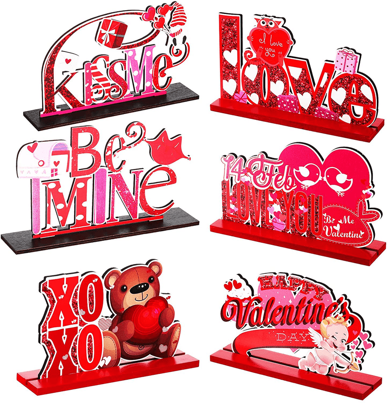6 Pieces Valentine'S Day Centerpiece Decorations Wooden Valentines Signs Love Kiss Valentine'S Dinner Table Decor Wood Table Toppers Desktop Signs for Valentine'S Day Anniversary Party Decor Gifts Home & Garden > Decor > Seasonal & Holiday Decorations Queekay   