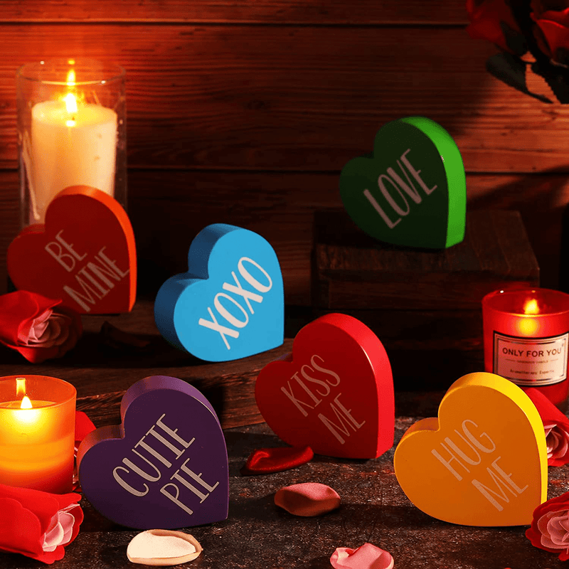 6 Pieces Valentine'S Day Wooden Sign Heart Shape Home Decor Conversation Heart Signs Candy Heart Tiered Tray Decor Farmhouse Sweetheart Heart Shape Table Blocks for Wedding Anniversary Party Home & Garden > Decor > Seasonal & Holiday Decorations Qunclay   