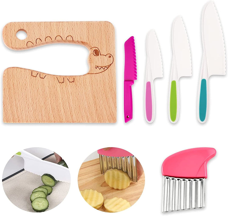 6 Pieces Wooden Kids Knifes for Real Cooking Include Toddler Knife Potato Slicers, Wood Kids Safe Knives Plastic Cooking Kitchen Tools Serrated Edges for Kids Kitchen (Crocodile) Home & Garden > Kitchen & Dining > Kitchen Tools & Utensils > Kitchen Knives WAYDA style 1  