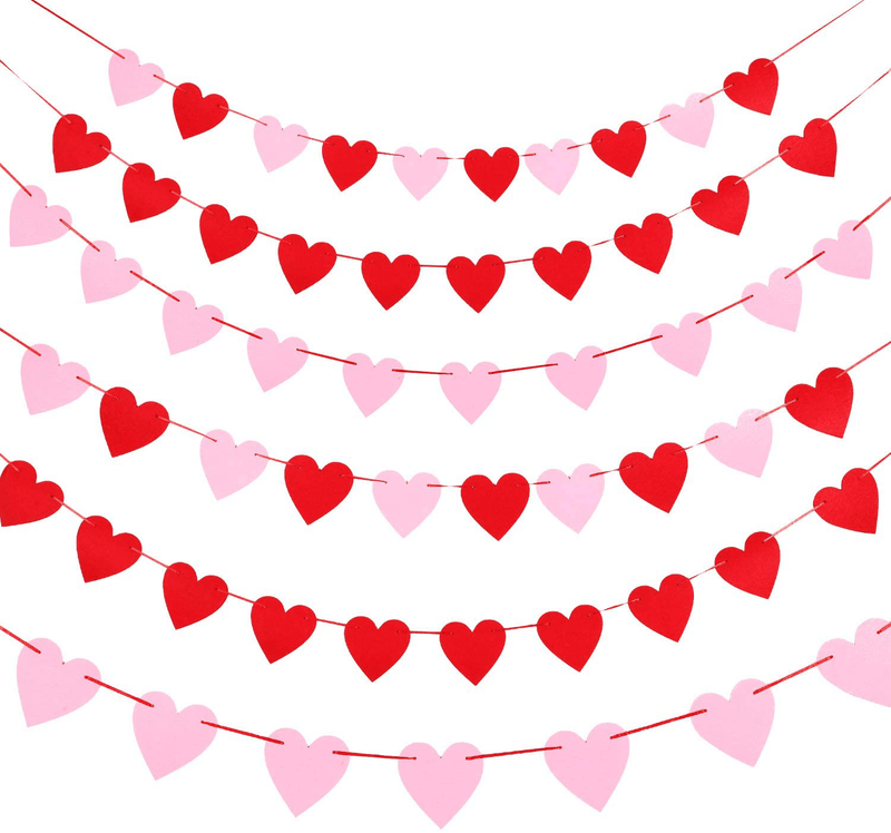 6 Sets Felt Heart Garland Banner, 60 Feet Red Pink Heart Garland Valentine'S Day Banner Decor for Valentine'S Day, Anniversary, Wedding, Birthday Party Decorations