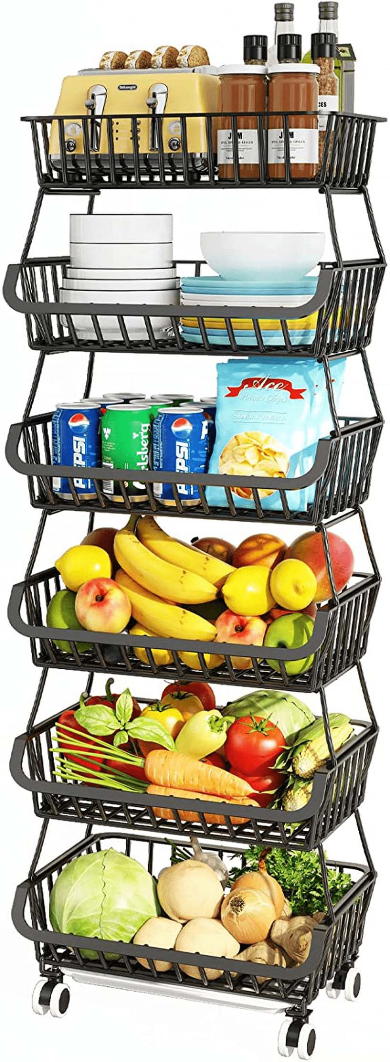 6 Tier Fruit Basket for Kitchen, Fruit and Vegetable Storage Cart Stackable Wire Baskets with Wheels Vegetable Produce Basket Potato Onion Storage Bins Rack for Kitchen Pantry