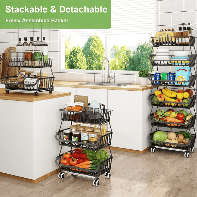 6 Tier Fruit Basket for Kitchen, Fruit and Vegetable Storage Cart Stackable Wire Baskets with Wheels Vegetable Produce Basket Potato Onion Storage Bins Rack for Kitchen Pantry Home & Garden > Kitchen & Dining > Food Storage Mchoter   