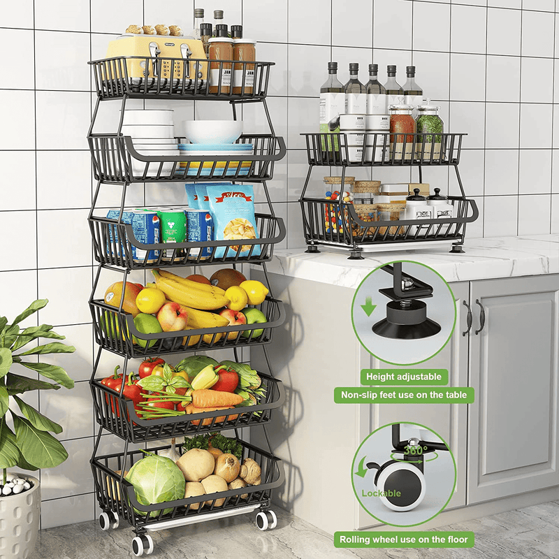 6 Tier Fruit Basket for Kitchen, Fruit and Vegetable Storage Cart Stackable Wire Baskets with Wheels Vegetable Produce Basket Potato Onion Storage Bins Rack for Kitchen Pantry Home & Garden > Kitchen & Dining > Food Storage Mchoter   