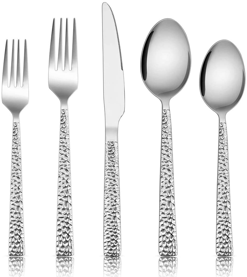 60-Piece Silverware Set, E-far Hammered Stainless Steel Square Flatware Cutlery Set for 12, Tableware Set Eating Utensils for Home Kitchen Restaurant, Modern Design & Mirror Polished - Dishwasher Safe