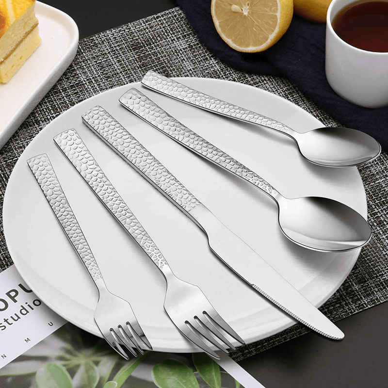 60-Piece Silverware Set, E-far Hammered Stainless Steel Square Flatware Cutlery Set for 12, Tableware Set Eating Utensils for Home Kitchen Restaurant, Modern Design & Mirror Polished - Dishwasher Safe