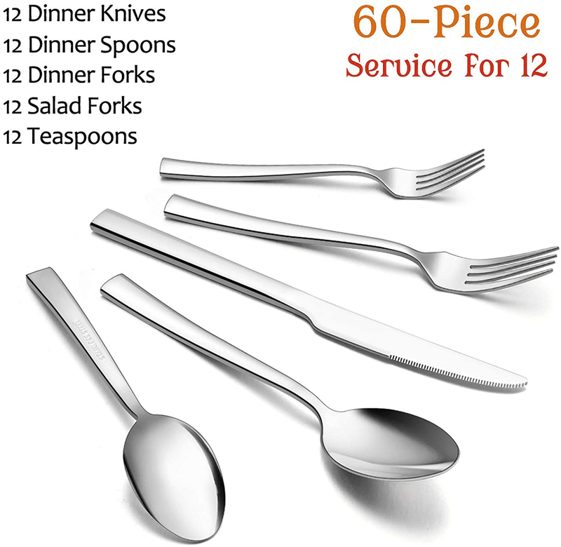 60-Piece Silverware Set, E-far Stainless Steel Flatware Set Service for 12, Tableware Cutlery Set for Home Restaurant Party, Dinner Forks/Spoons/Knives, Square Edge & Mirror Polished, Dishwasher Safe Home & Garden > Kitchen & Dining > Tableware > Flatware > Flatware Sets E-far   