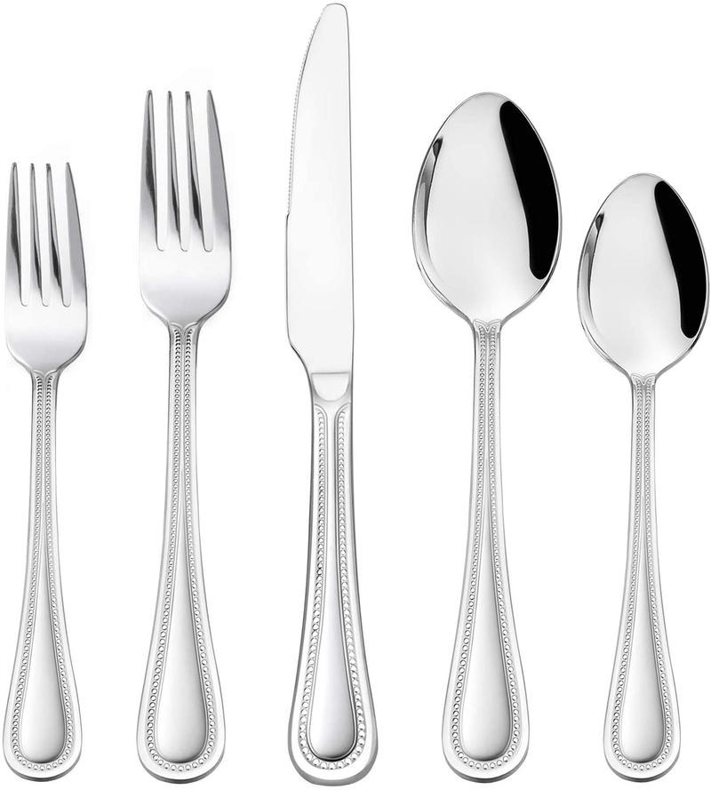 60-Piece Silverware Set, HaWare Stainless Steel Flatware Service for 12, Pearled Edge Tableware Cutlery Include Knife/Fork/Spoon, Beading Eating Utensil for Home, Mirror Polished, Dishwasher Safe
