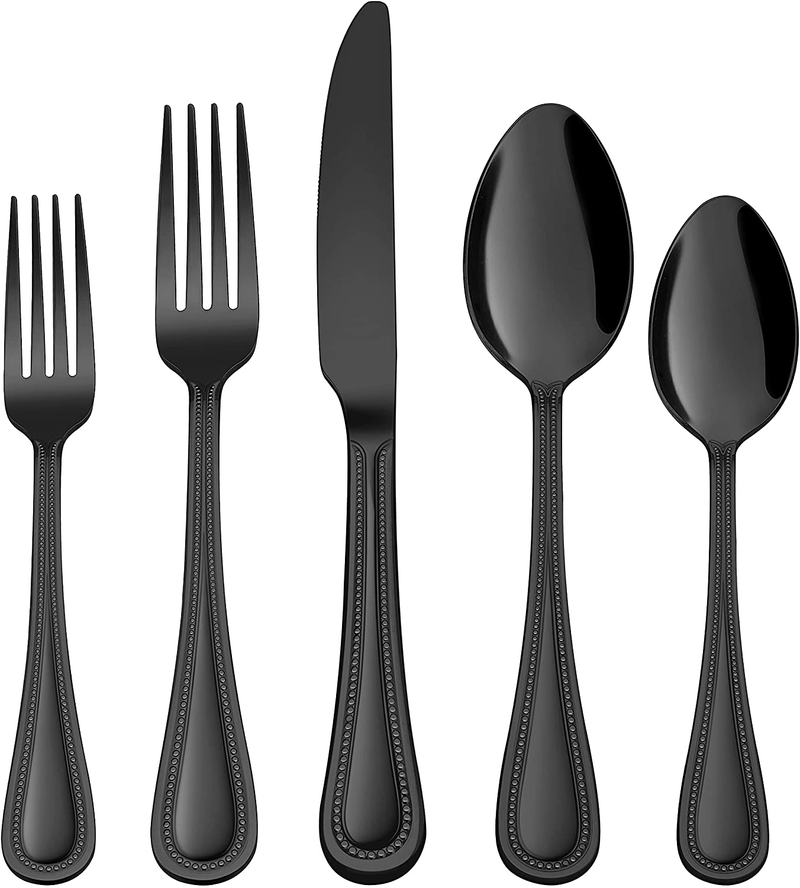 60-Piece Silverware Set, HaWare Stainless Steel Flatware Service for 12, Pearled Edge Tableware Cutlery Include Knife/Fork/Spoon, Beading Eating Utensil for Home, Mirror Polished, Dishwasher Safe Home & Garden > Kitchen & Dining > Tableware > Flatware > Flatware Sets HaWare Black 60 