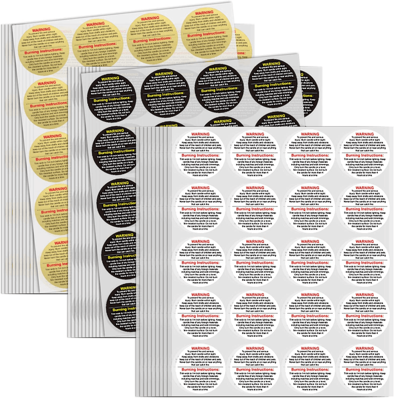 600 Pcs Candle Warning Stickers Warning Labels for Candles 1.5" Round Black, White, Gold Assorted Colors