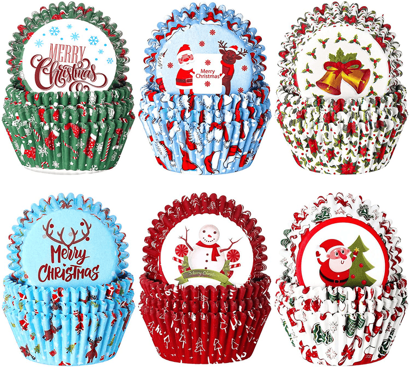 600 Pieces Christmas Cupcake Wrappers, Santa Claus Cupcake Liners, Snowman Cupcake Cups, Xmas Colorful Paper Baking Cups for Cake Candy Make Baking Supplies, 6 Styles (Santa Styles)