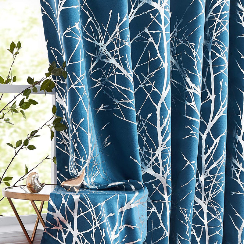 FMFUNCTEX Branch Grey Blackout Curtain Panels for Bedroom 84" Foil Gold Tree Branch Window Curtains Metallic Print Energy Efficient Thermal Curtain Drapes for Guest Living Room Grommet Top 2 Panels Home & Garden > Decor > Window Treatments > Curtains & Drapes FMFUNCTEX Silver /Navy Blue 50" x 45"L 