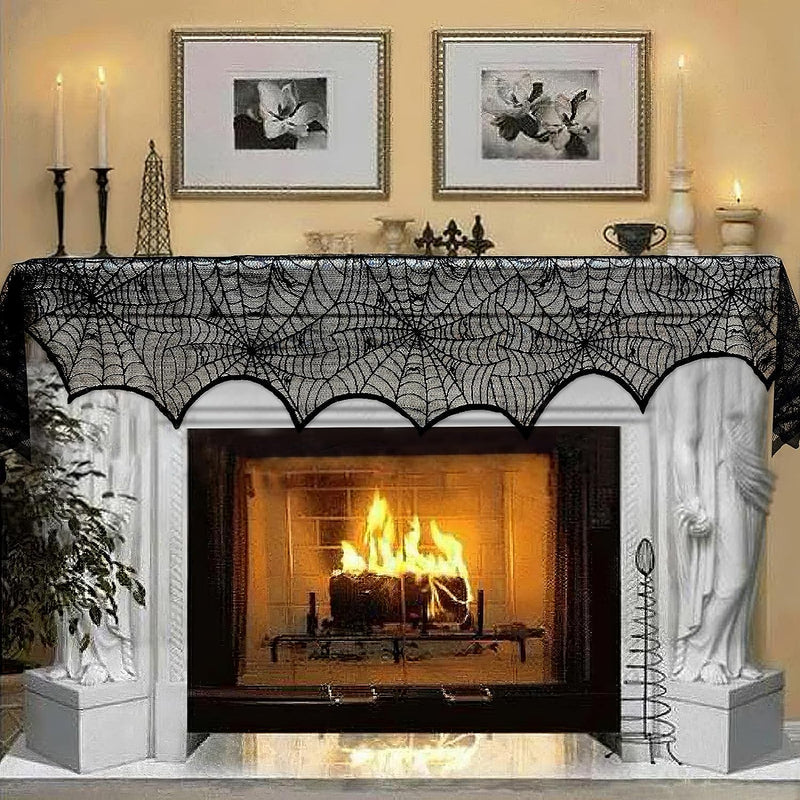 Aerwo Halloween Decorations Black Lace Spiderweb Fireplace Mantle Scarf Cover for Halloween Mantle Decor Festive Party Supplies,18 X 96 Inch  AerWo   