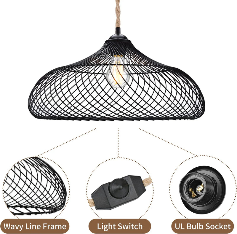 ROMGUAR CRAFT Plug in Pendant Light, Hanging Light with 15.5Ft Hemp Rope Cord, Hanging Lamp with Dimmable Switch, Black Metal Shade, Hanging Light Fixture for Kitchen Bedroom Living Room Dining Table Home & Garden > Lighting > Lighting Fixtures ROMGUAR CRAFT   