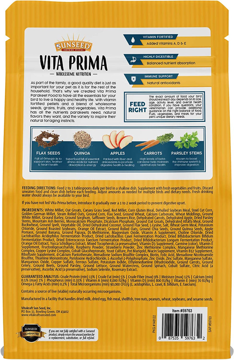 Sunseed Vita Prima Wholesome Nutrition Parakeet Food, 2 LBS Animals & Pet Supplies > Pet Supplies > Bird Supplies > Bird Food Sun Seed   