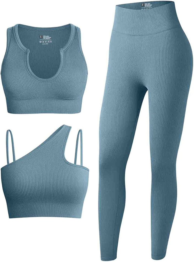 OQQ Women'S 3 Piece Outfits Ribbed Seamless Exercise Scoop Neck Sports Bra One Shoulder Tops High Waist Leggings Active Set Sporting Goods > Outdoor Recreation > Winter Sports & Activities OQQ Blue1 Medium 