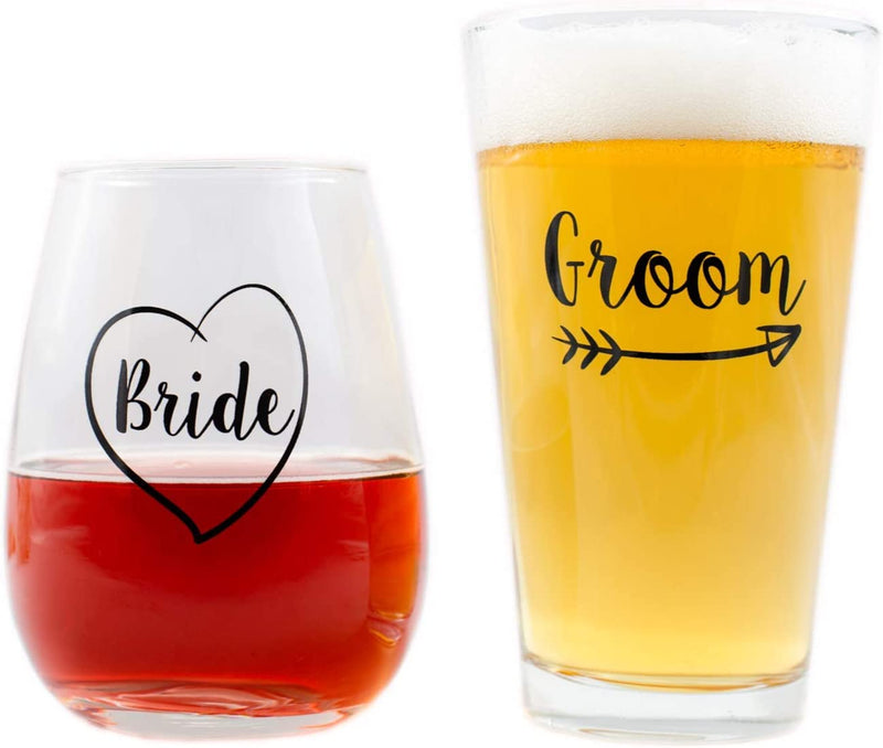Cute Wedding Gifts - Bride and Groom Novelty Wine Glass and Beer Glass Combo - Engagement Gift for Couples Home & Garden > Kitchen & Dining > Tableware > Drinkware The Plympton Company Wine Glass & Beer Mug  