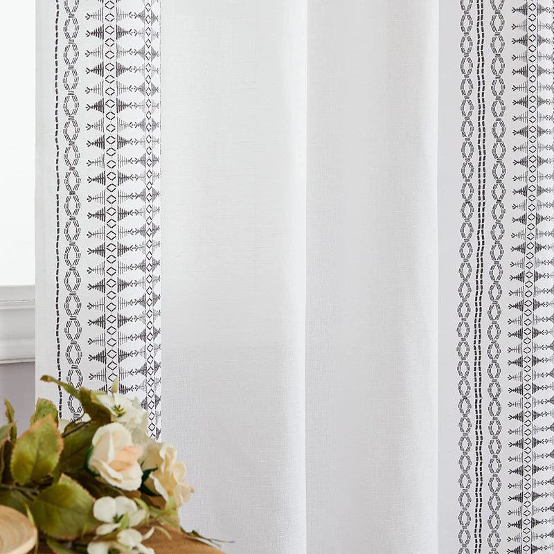 JINCHAN Boho Curtains for Bedroom White Linen for Living Room Window Curtains Gray Embroidered Bordered Drapes 84 Inch Length 2 Panels Bohemian Light Filtering Grommet Window Treatment Grey on White Home & Garden > Decor > Window Treatments > Curtains & Drapes jinchan   