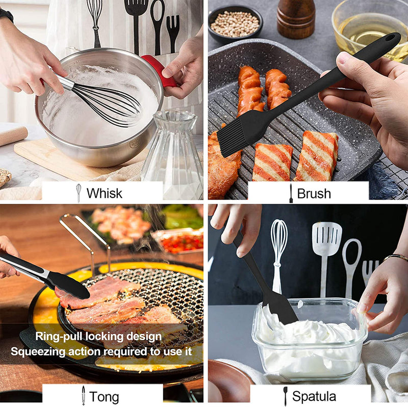 LIANYU 12-Piece Black Silicone Kitchen Cooking Utensils Set with Holder, Kitchen Tools Include Slotted Spatula Spoon Turner Ladle Tong Whisk, Dishwasher Safe