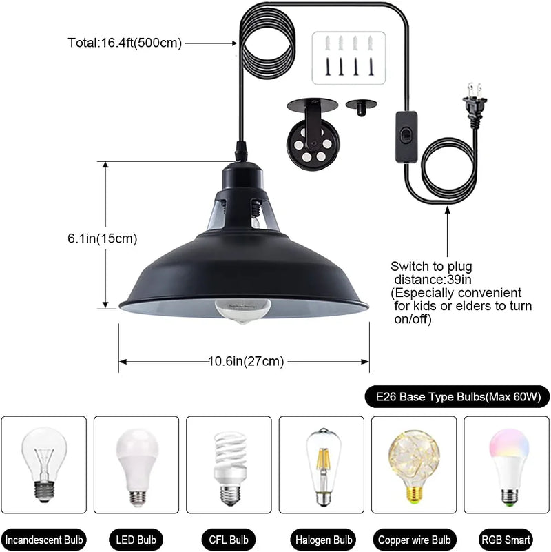 Plug in Pendant Light Industrial Pulley Pendant Lamp E26 Vintage Hanging Light Fixture with 16.4Ft Cord On/Off Switch for Pool Table,Houseplant Grow Lights,Kitchen Island,Sink 2 Pack Black Home & Garden > Lighting > Lighting Fixtures Lovefindahome   