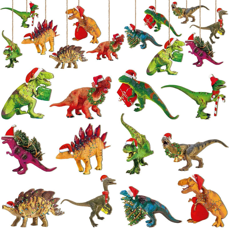 24 Pieces Christmas Dinosaur Ornaments Set Dinosaur Hanging Ornament with Rope Wood Christmas Tree Decor Christmas Tree Kids Dinosaur Themed Birthday Party Favors  Glenmal   