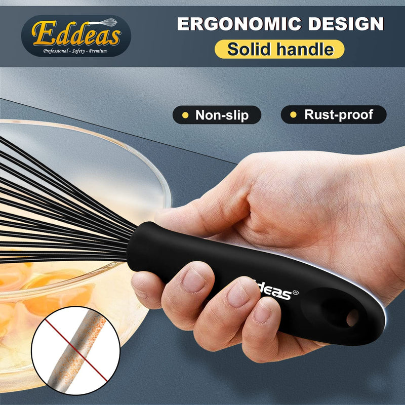 Silicone Whisk, Eddeas Stainless Steel & Silicone Non-Stick Coated Whisks Set of 3--Heat Resistant Kitchen Whisks, Balloon Egg Beater Perfect for Blending, Whisking, Beating & Stirring, Black