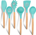 Cooking Utensils Set of 6, E-Far Silicone Kitchen Utensils with Wooden Handle, Non-Stick Cookware Friendly & Heat Resistant, Includes Spatula/Ladle/Slotted Turner/Serving Spoon/Spaghetti Server(Black) Home & Garden > Kitchen & Dining > Kitchen Tools & Utensils E-far Turquoise 6 